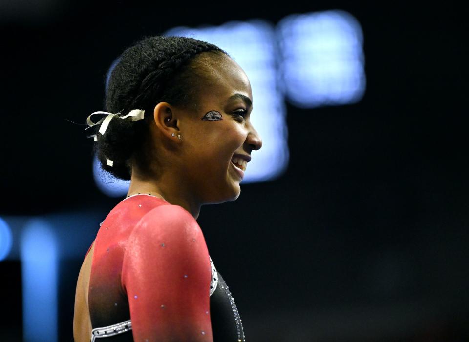 SUU’s Niya Randolph prepares to perform her Floor routine as BYU, Utah, SUU and Utah State meet in the Rio Tinto Best of Utah Gymnastics competition at the Maverick Center in West Valley City on Monday, Jan. 15, 2024. | Scott G Winterton, Deseret News