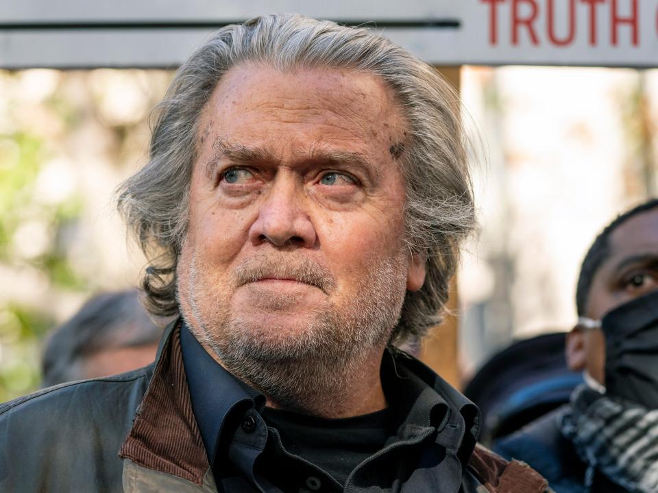 Former White House strategist Steve Bannon speaks with reporters after departing federal court on Nov. 15, 2021, in Washington.