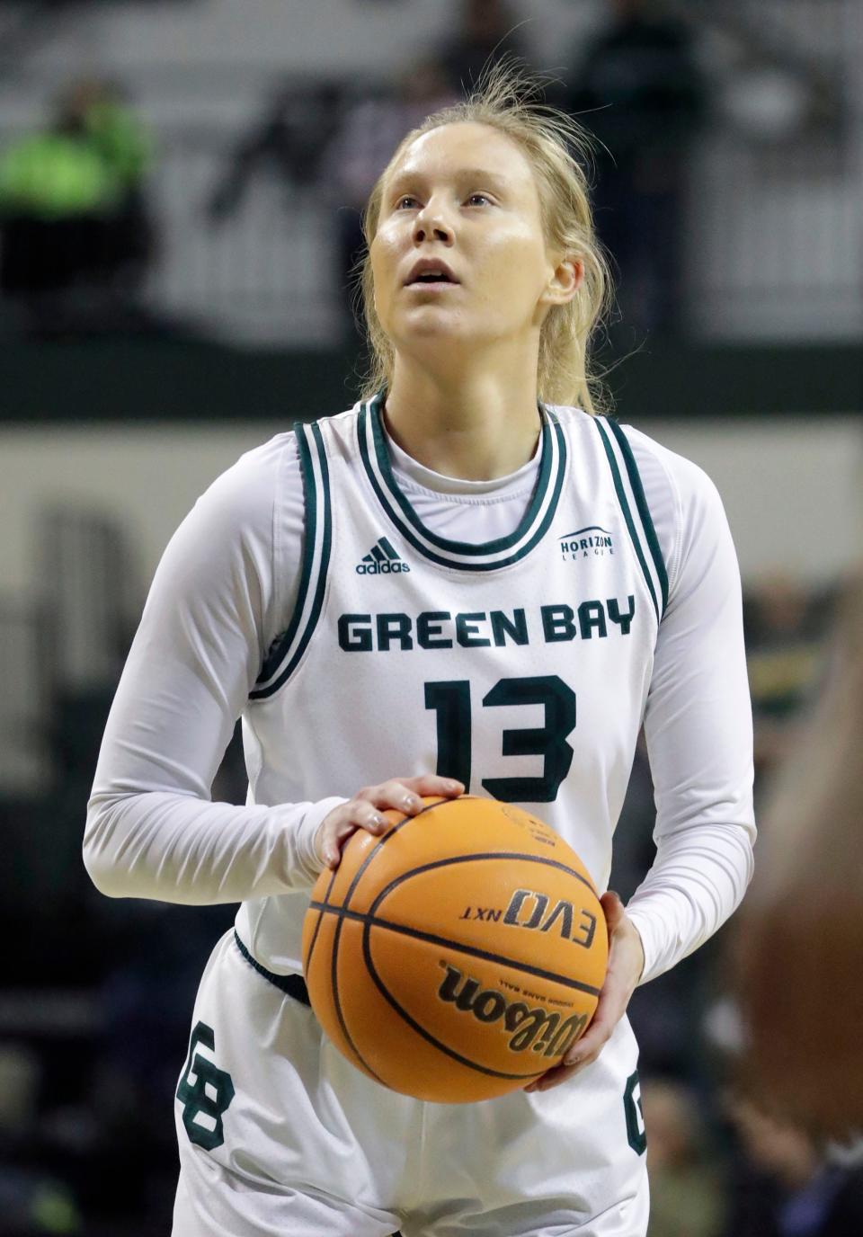 University of Wisconsin-Green Bay Phoenix’s Tatum Koenig sizes up a free throw March 16 against the Niagara Purple Eagles at the Kress Center in Green Bay.