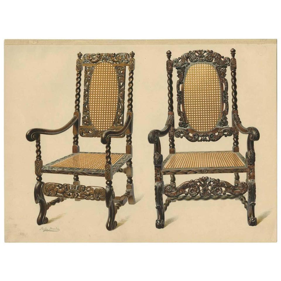 1) Antique Print of English Furniture 'Two Chairs' by P. Macquoid, 1906