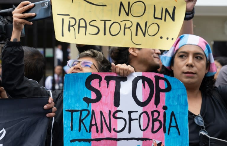 Members of LGBTQ+ groups protest in front of the Ministry of Health against a new government decree listing transsexualism as a "mental disorder" in Lima on May 17, 2024, during the International Day Against Homophobia, Biphobia, and Transphobia (Cris BOURONCLE)