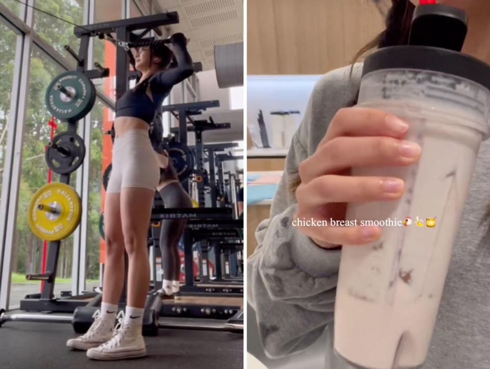 L: A TikToker working out at a gym. R: A TikToker drinking a chicken breast smoothie