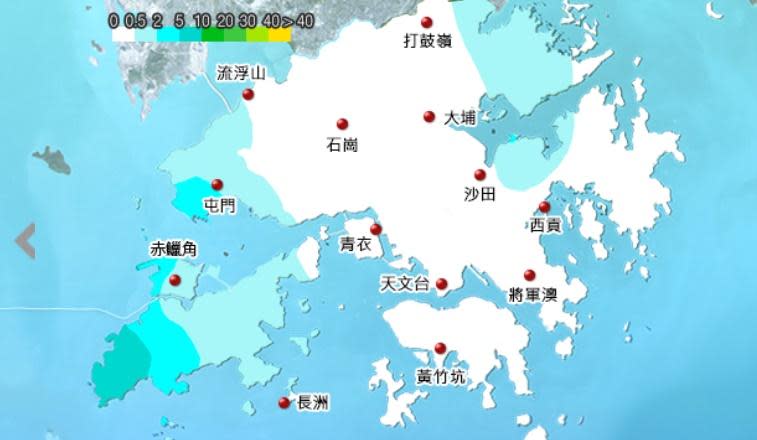 天文台表示，今早的驟雨為西貢、將軍澳及屯門帶來超過10毫米雨量。(香港天文台)