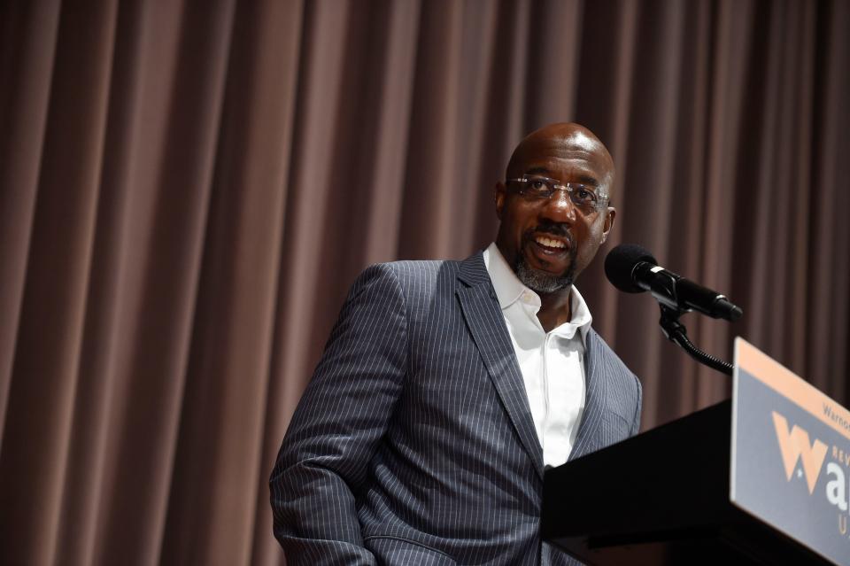 U.S. Sen. Raphael Warnock, D-Ga., speaks during the Warnock for Georgia rally at Augusta Technical College on Thursday. Sen. Warnock, D-Ga., spoke on issues such as President Biden’s recent student loan forgiveness and Georgia infrastructure.