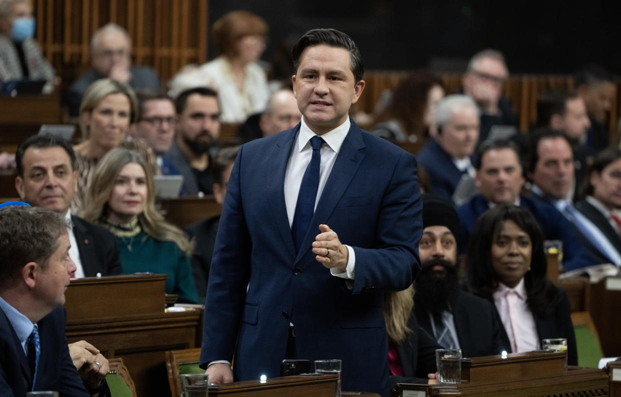 Conservative Leader Pierre Poilievre rises during Question Period, in Ottawa, Wednesday, Nov. 22, 2023. THE CANADIAN PRESS/Adrian Wyld