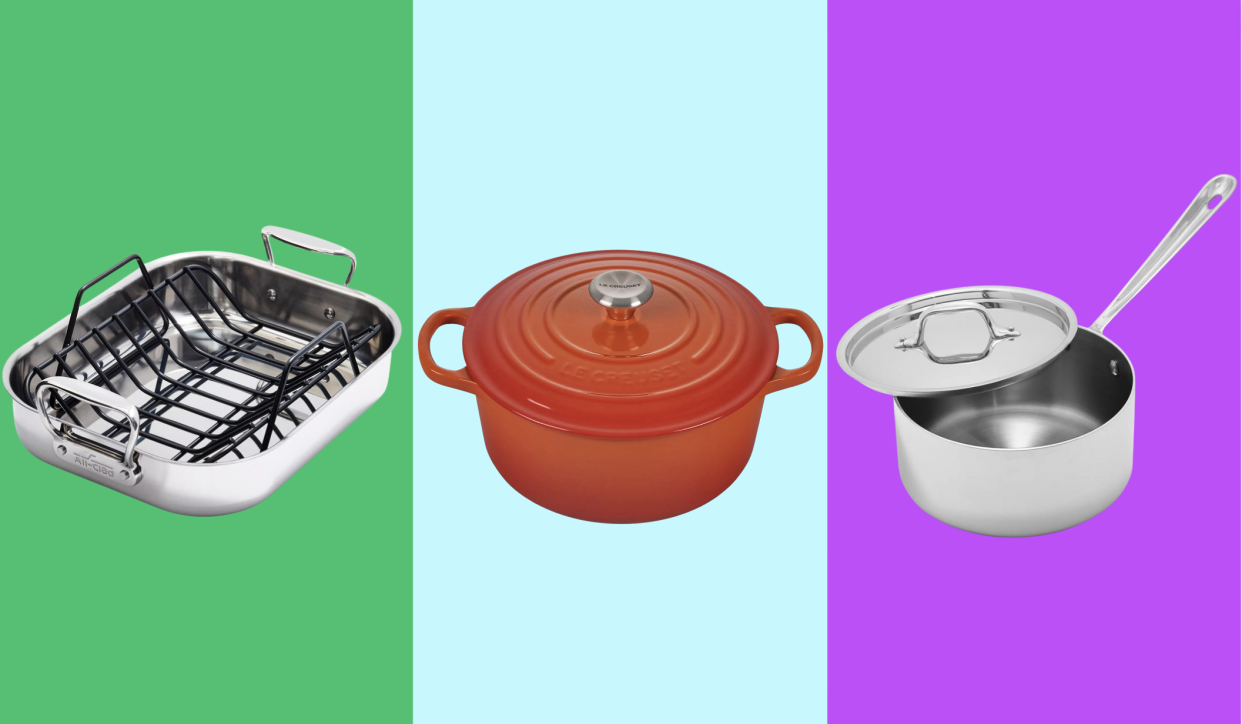 sur la table items on sale: roasting pan, red Dutch oven, saucepan