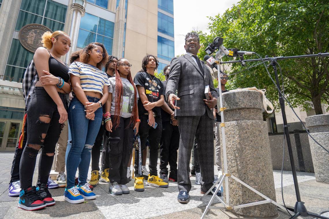 John Barnett, a civil rights activist, speaks at a press conference outside of the District Attorneys Office in Raleigh, N.C. on Friday July 1, 2022. Barnett called for the arrest of Carolyn Bryant Donham, whose unserved warrant from 1955 for the kidnapping of Emmett Till was recently found in a court basement.