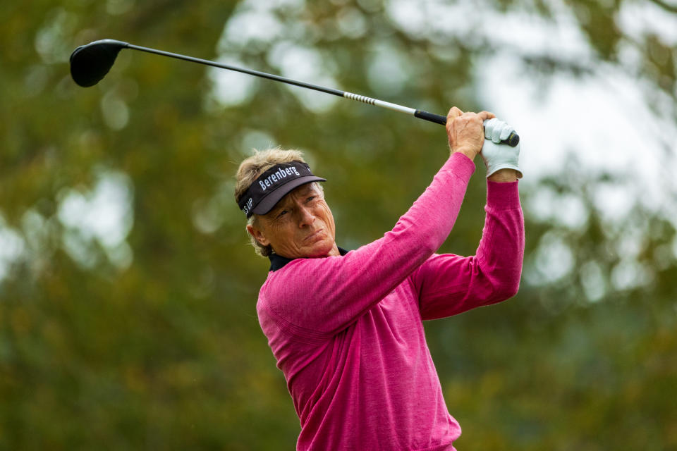 Bernhard Langer watches his tee shot on the second hole during the final round of the SAS Championship at Prestonwood Country Club on October 11, 2020 in Cary, North Carolina