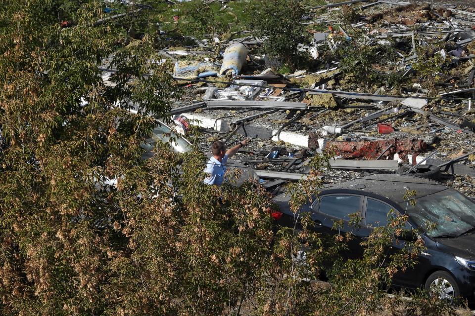 A view shows rubble in the yard of a damaged residential building following a drone attack in Ramenskoye in the Moscow region (AFP via Getty Images)