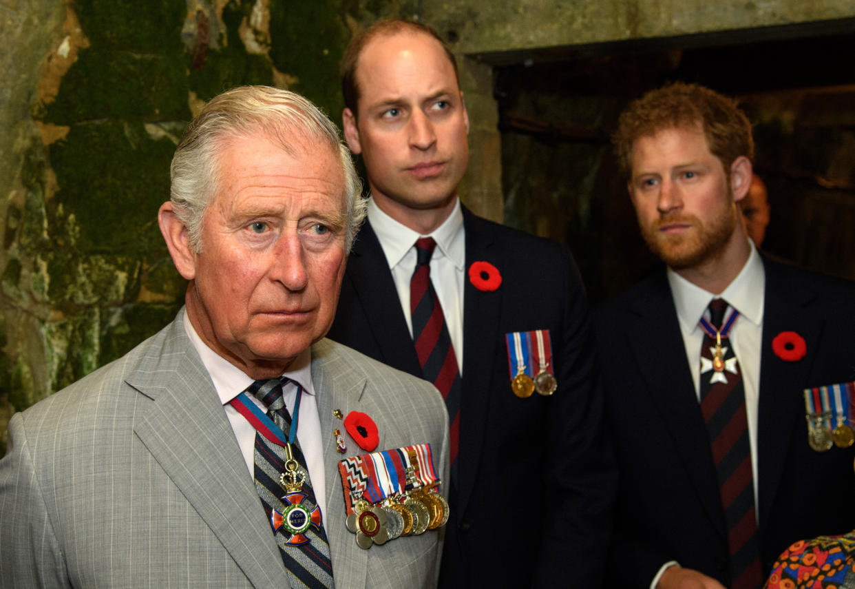 LILLE, FRANCE - APRIL 09:  Prince Charles, Prince of Wales, Prince William, Duke of Cambridge and Prince Harry tour a tunnel made during WWI during the commemorations for the 100th anniversary of the battle of Vimy Ridge on April 9, 2017 in Lille, France.  (Photo by Pool/Samir Hussein/WireImage)