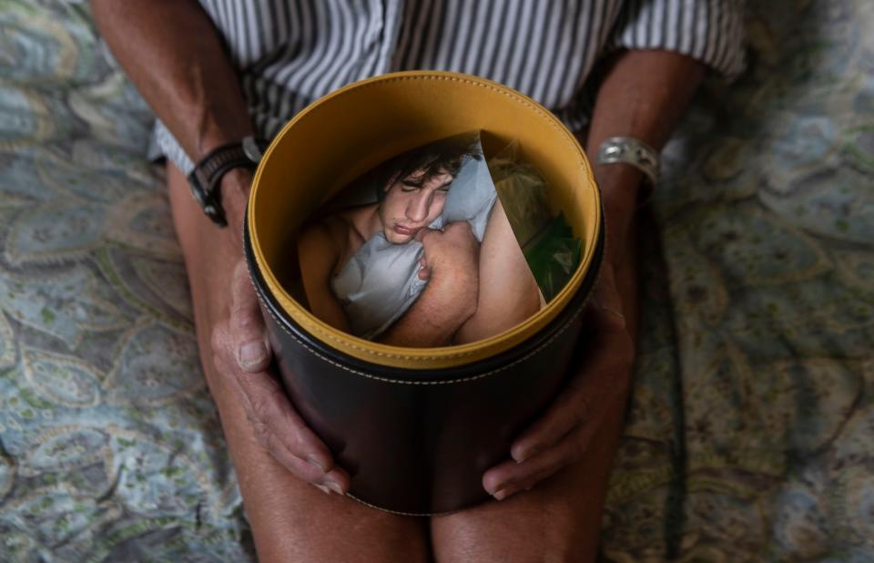 Julie Hofmans keeps a photo of her son Wyatt -- photographed when he was sleeping -- inside the container which holds his ashes. Wyatt Williamson, who died from a laced pill which contained fentanyl in 2020. Wyatt took a blue pill he thought was Xanax. Instead of the legal prescribed medication for anxiety, he swallowed a pill secretly poisoned with deadly fentanyl.