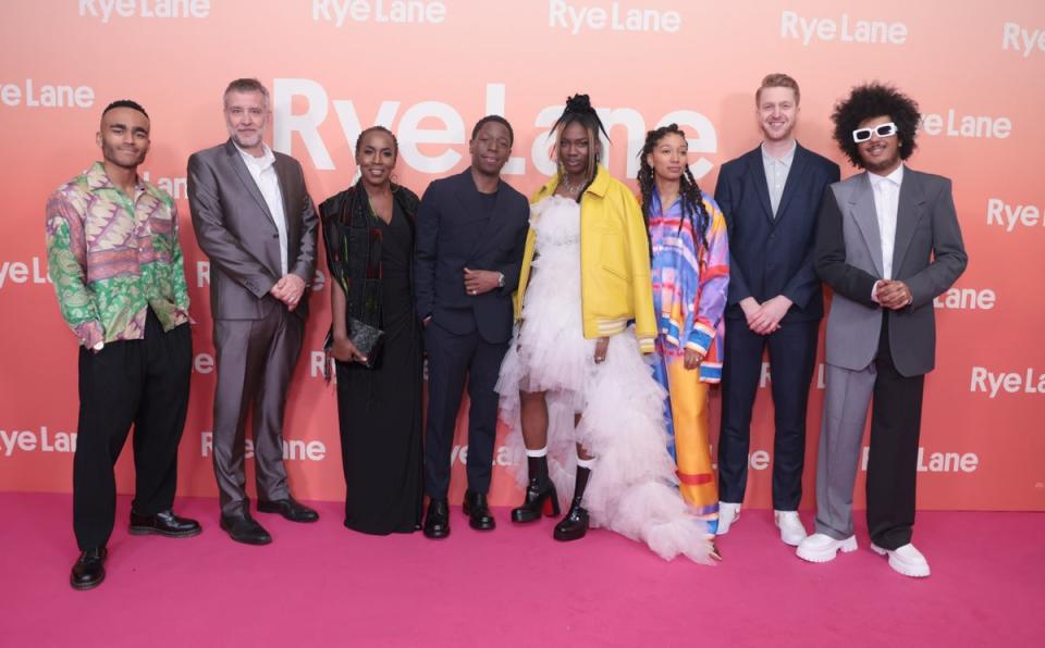 Munya Chawawa, producers Damian Jones and Yvonne Isimeme Ibazebo, David Jonsson, Vivian Oparah, director Raine Allen-Miller and writers Tom Melia and Nathan Bryon at the UK premiere of Rye Lane at the Peckhamplex (Getty Images for Disney)