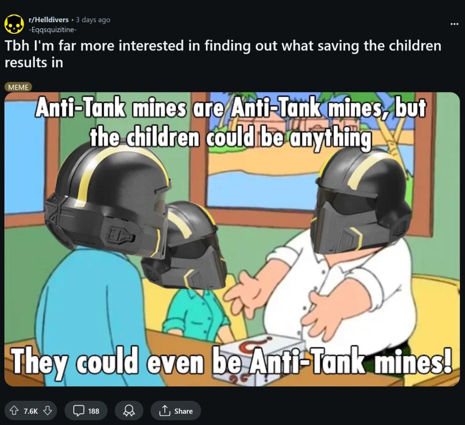 Helldivers 2 'Save the Children' meme