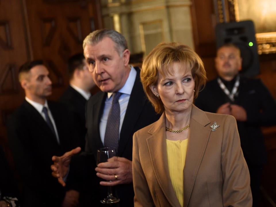 Margareta of Romania, Custodian of the Romanian Crown accompanied by her husband His Royal Highness Prince Radu Of Romania do a public visit at Peles Castle in Sinaia, Romania, April 15, 2022.