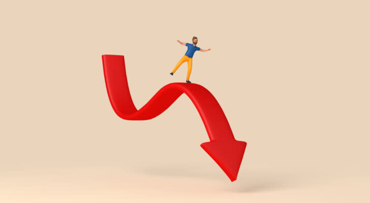 Graphic of little man in yellow pants and blue shirt balancing on a curvy downward arrow representing stocks to sell. stocks to avoid in august