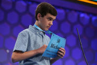 <p>Michael Goss of Crowley, La., tries to spell his word during round two of 2017 Scripps National Spelling Bee. (Alex Wong/Getty Images) </p>