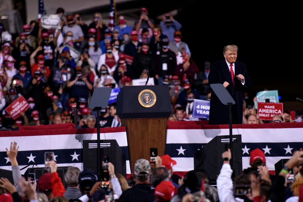 U.S. President Donald Trump reacts after speaking during a Make America Great Again campaign rally on September 19, 2020 in Fayetteville, North Carolina. (Photo by Melissa Sue Gerrits/Getty Images)