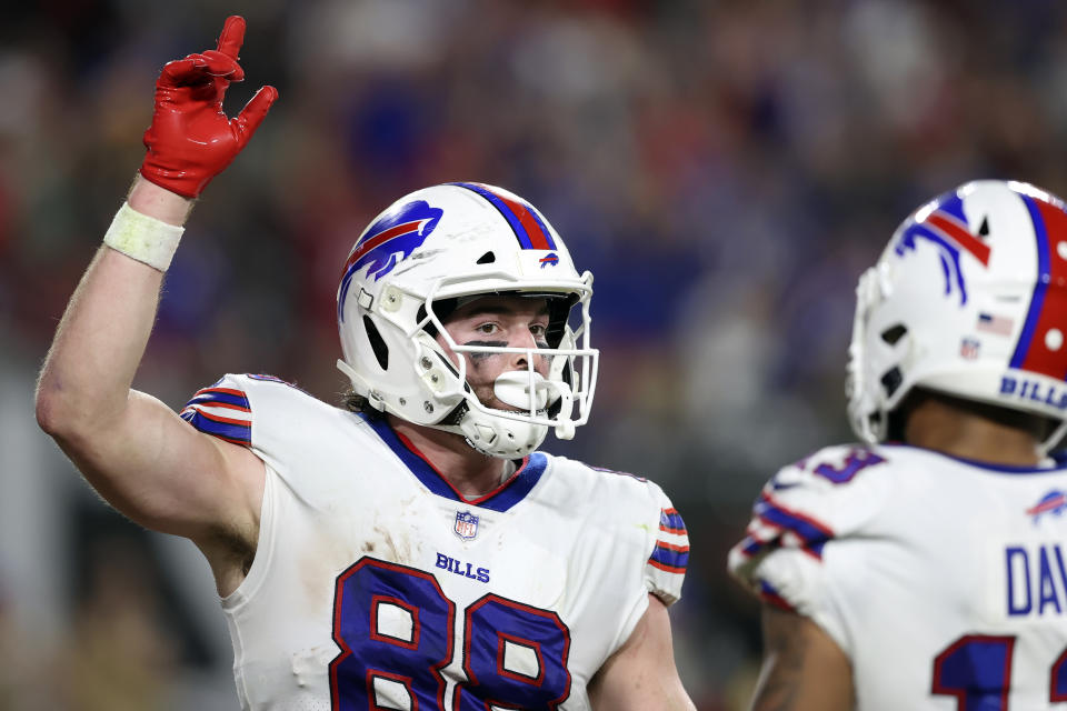 Buffalo Bills tight end Dawson Knox (88) celebrates his score against the Tampa Bay Buccaneers during the second half of an NFL football game Sunday, Dec. 12, 2021, in Tampa, Fla. (AP Photo/Mark LoMoglio)