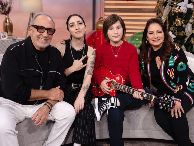 <p>Alexander Tamargo/Getty</p> Emilio Estefan and his wife Gloria Estefan with their daughter Emily Estefan and their grandson Sasha Estefan-Coppola on the set of Univision's "Despierta America" on Oct. 10, 2022 in Doral, Florida.