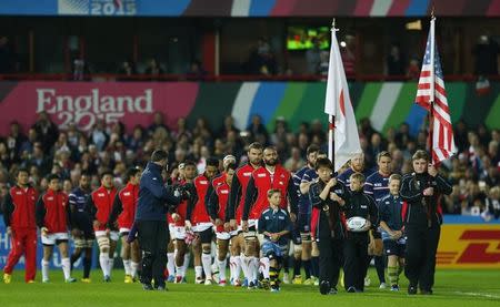 Rugby Union - United States of America v Japan - IRB Rugby World Cup 2015 Pool B - Kingsholm, Gloucester, England - 11/10/15 General view as the teams walk onto the pitch before the start of the game Reuters / Eddie Keogh