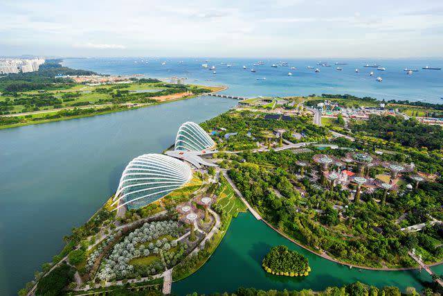 <p>Charlie Tong/Getty Images</p> Gardens by the Bay, with the Singapore Strait beyond.