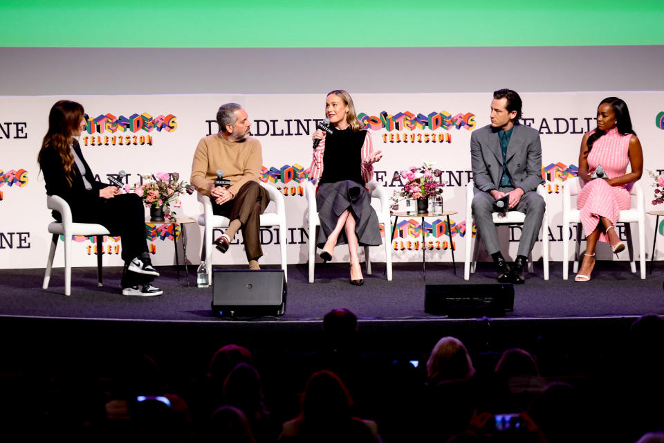 Antonia Blyth, Lee Eisenberg, Brie Larson, Lewis Pullman and Aja Naomi King speak on a panel for “Lessons in Chemistry” at Deadline Contenders Television 2024. (Photo by Rich Polk/Deadline via Getty Images)