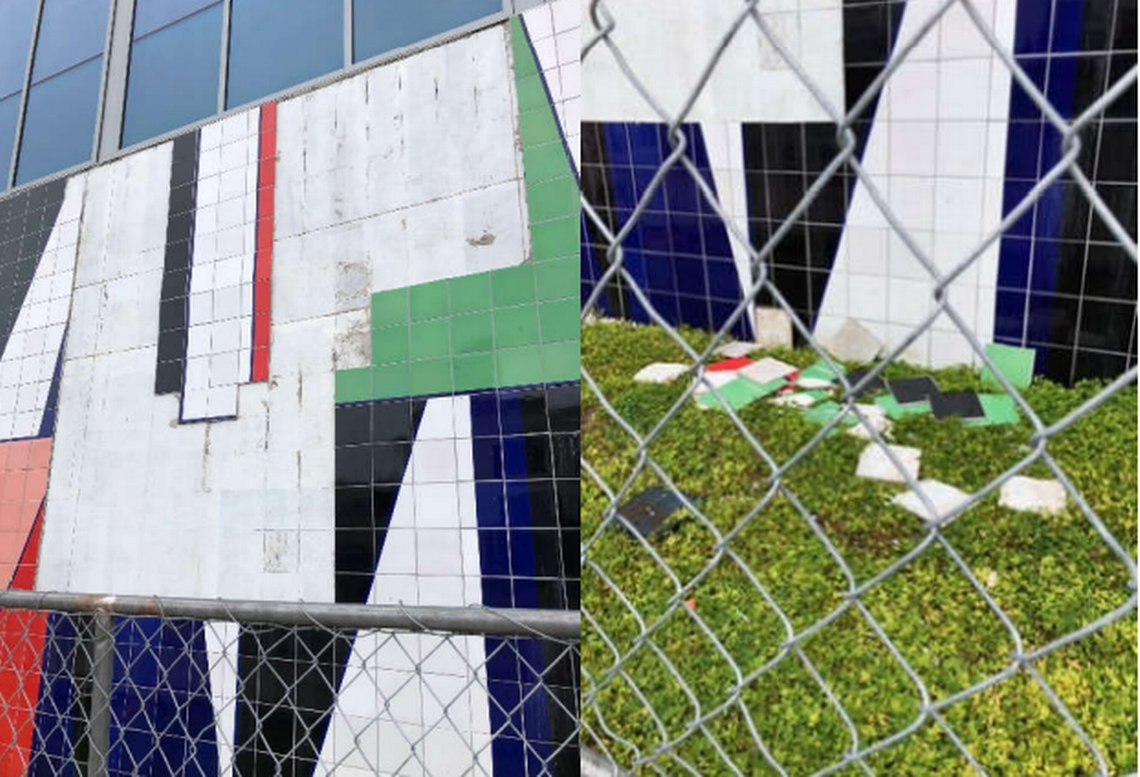 "Morris Lapidus," an abstract tile artwork by artist Sarah Morris, was installed at the Miami Beach Convention Center and completed July 2019. By October 2020, tiles were falling off the wall, causing a safety hazard, the city said.