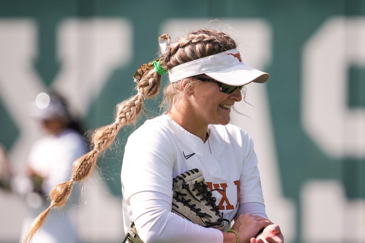 Texas outfielder Ashton Maloney smiles during pregame warmups before the April 10 game against Texas State at McCombs Field. The Longhorns won this year's Big 12 regular-season championship.