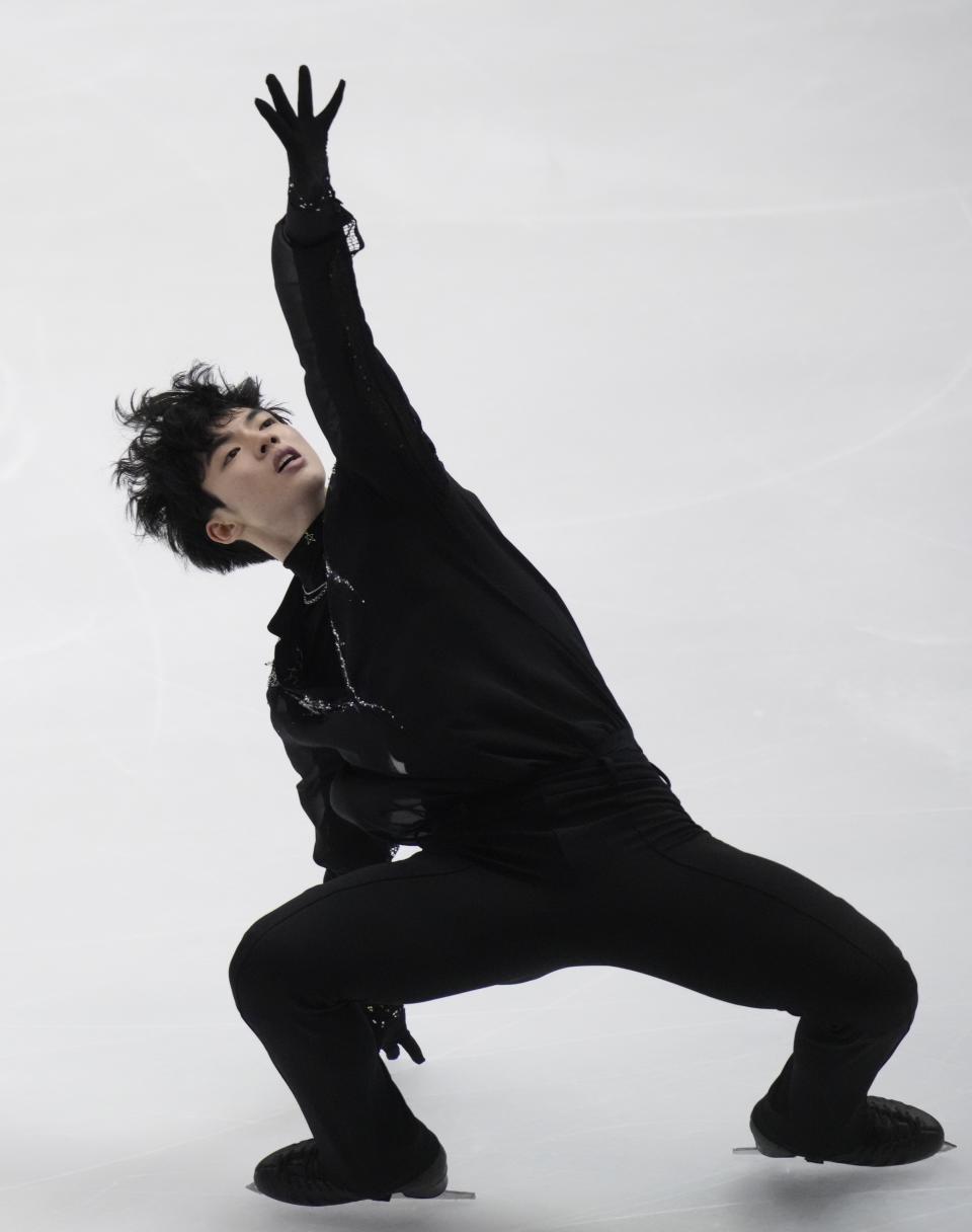 Cha Jun-hwan of South Korea performs in the men's free program in the Grand Prix of Figure Skating - NHK Trophy in Sapporo, Japan, Saturday, Nov. 19, 2022. (AP Photo/Hiro Komae)