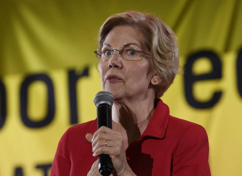 Democratic presidential candidate Sen. Elizabeth Warren, D-Mass., speaks at the Poor People's Moral Action Congress presidential forum in Washington, Monday, June 17, 2019. (AP Photo/Susan Walsh)