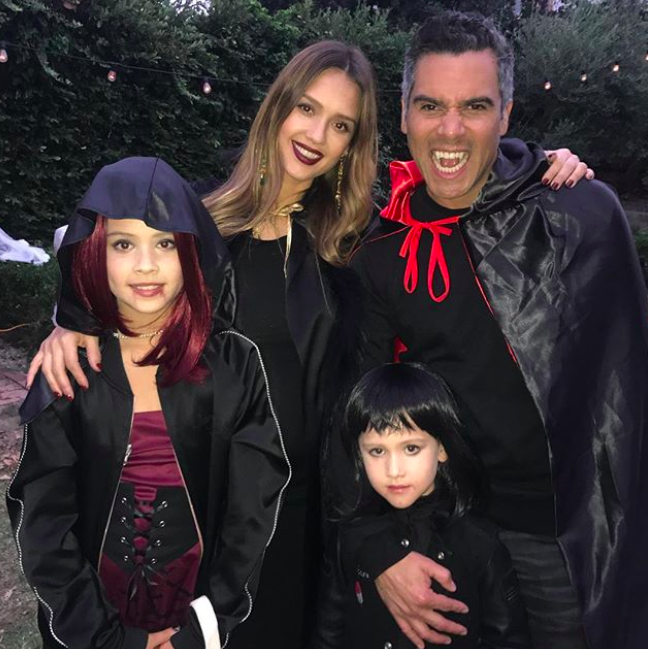 <p>The actress, who is expecting her third child, showed off her fang-tastic family costume. “Happy Halloween from our vampire family to yours,” she wrote. (Photo: <a rel="nofollow noopener" href="https://www.instagram.com/p/Ba7wi59BDRJ/?hl=en&taken-by=jessicaalba" target="_blank" data-ylk="slk:Jessica Alba via Instagram;elm:context_link;itc:0;sec:content-canvas" class="link ">Jessica Alba via Instagram</a>) </p>