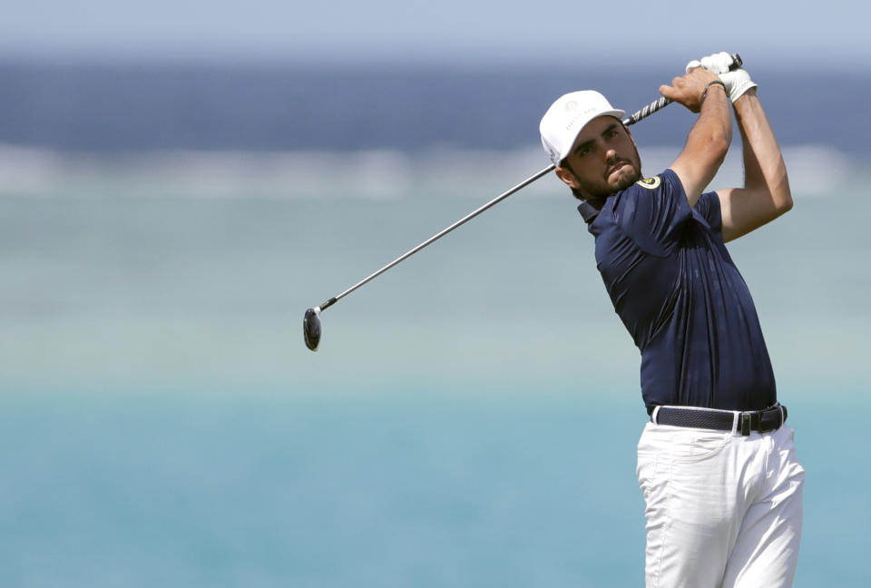 Abraham Ancer of Mexico hits from the 16th tee during the third round of the Saudi International at Royal Greens Golf and Country Club, Saturday, Feb. 1, 2020, in Red Sea resort of King Abdullah Economic City, Saudi Arabia. (AP Photo/Amr Nabil)