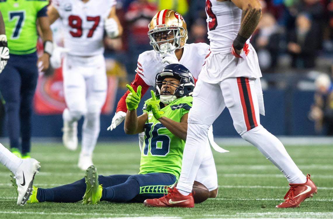 Seattle Seahawks wide receiver Tyler Lockett (16) celebrates after catching a pass in the first quarter of an NFL game against the San Francisco 49ers at Lumen Field in Seattle Wash. on Dec. 15, 2022.