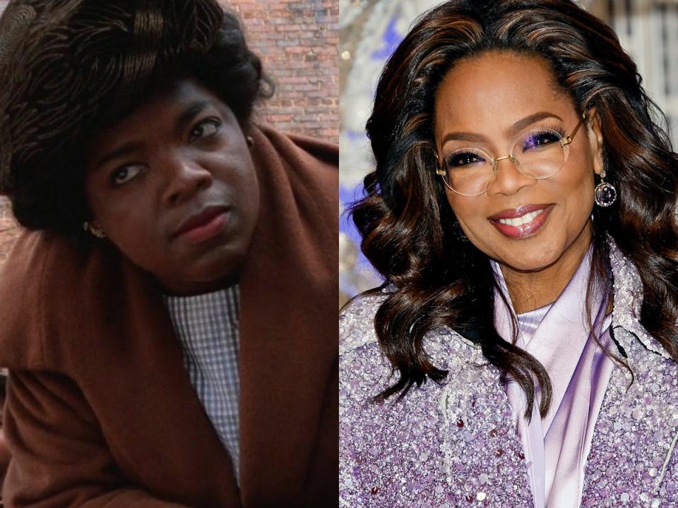 Left: Oprah Winfrey as Sofia in "The Color Purple." Right: Winfrey in December 2023.