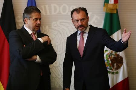 German Foreign Minister Sigmar Gabriel (L) speaks with his Mexican counterpart Luis Videgaray after a private meeting in Mexico City, Mexico, May 19, 2017. REUTERS/Edgard Garrido