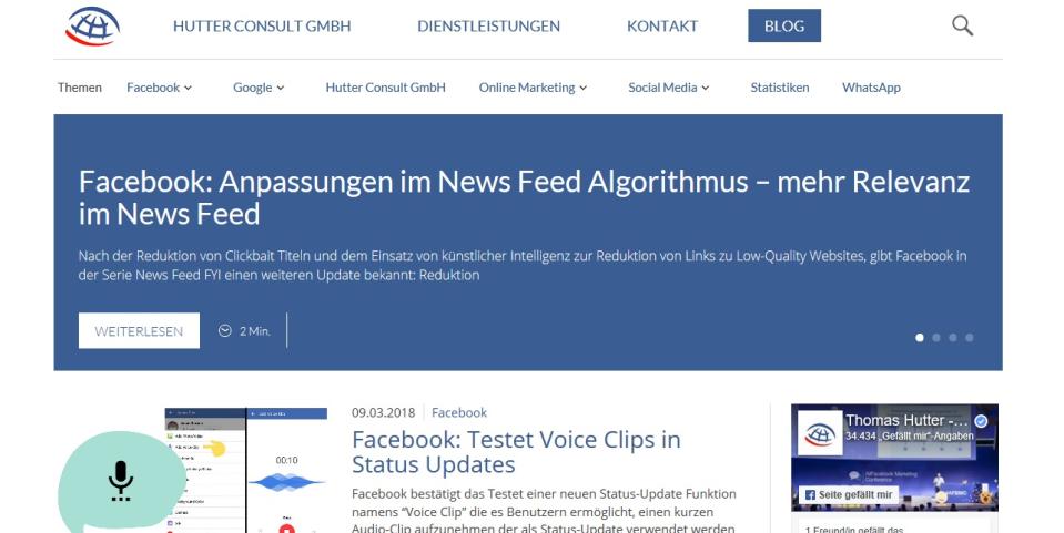 <p>Auf dem Technik-Blog geht es in erster Linie um Facebook. Was macht das Unternehmen neu? Welche Funktionen werden hinzugefügt? Sind diese Funktionen sinnvoll? Hinter dem Blog steht die Hutter Consult GmbH, ein Kommunikationsberater. (Foto: http://www.thomashutter.com/) </p>