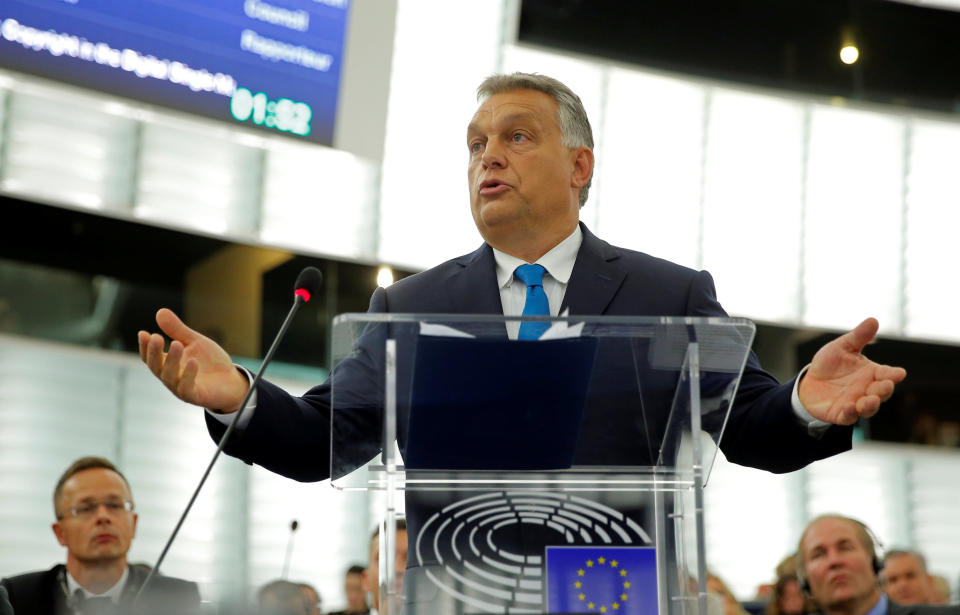 Hungarian prime minister Viktor Orban defending his government ahead of the sanctions vote in the European Parliament (Reuters)