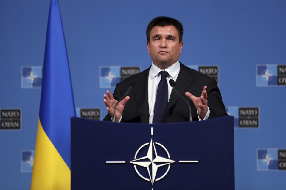 Ukraine's Foreign Minister Pavlo Klimkin speaks during a media conference after a meeting of NATO foreign ministers at NATO headquarters in Brussels, Tuesday, Dec. 4, 2018. Russia takes center-stage at NATO Tuesday, as allied foreign ministers meet to debate ways to dissuade Moscow from destabilizing Ukraine and respect a landmark Cold-war era nuclear treaty. (AP Photo/Francisco Seco)