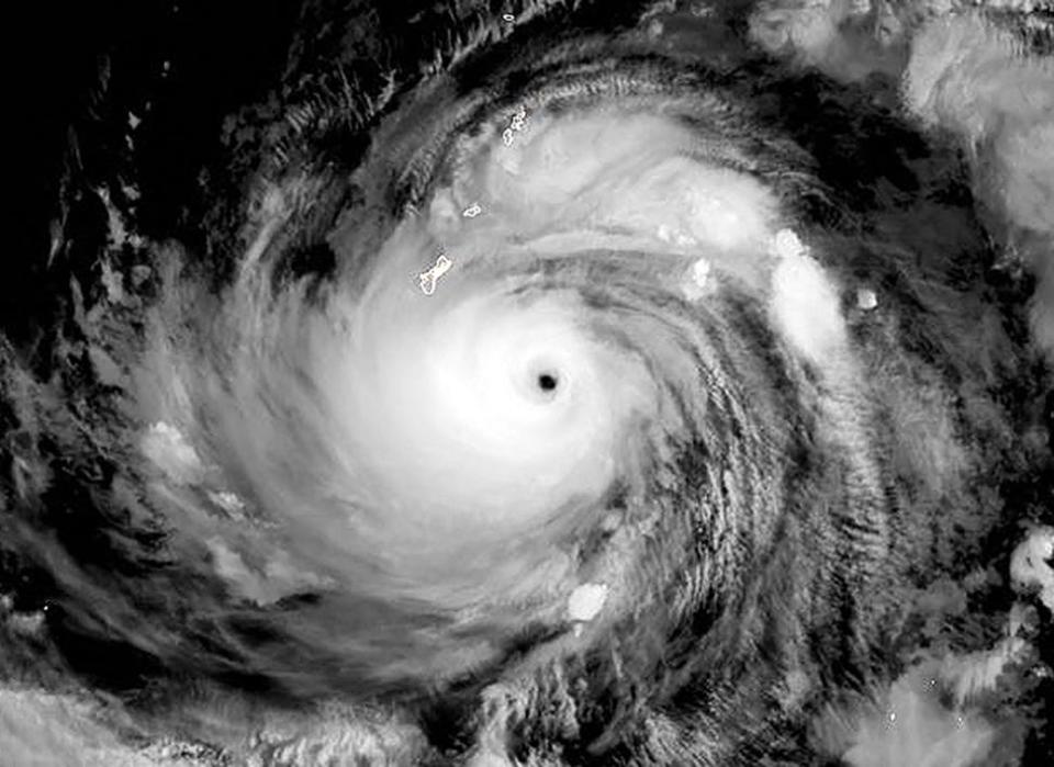 A satellite image shows Super Typhoon Mawar approaching Guam on May 23, 2023.