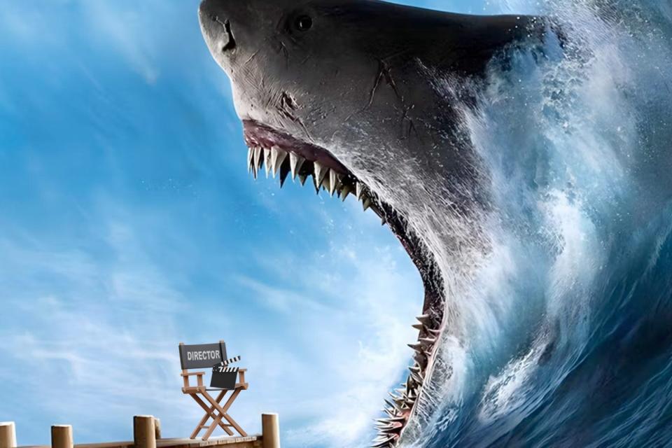 The giant great white shark from The Meg is about to eat a director's chair.