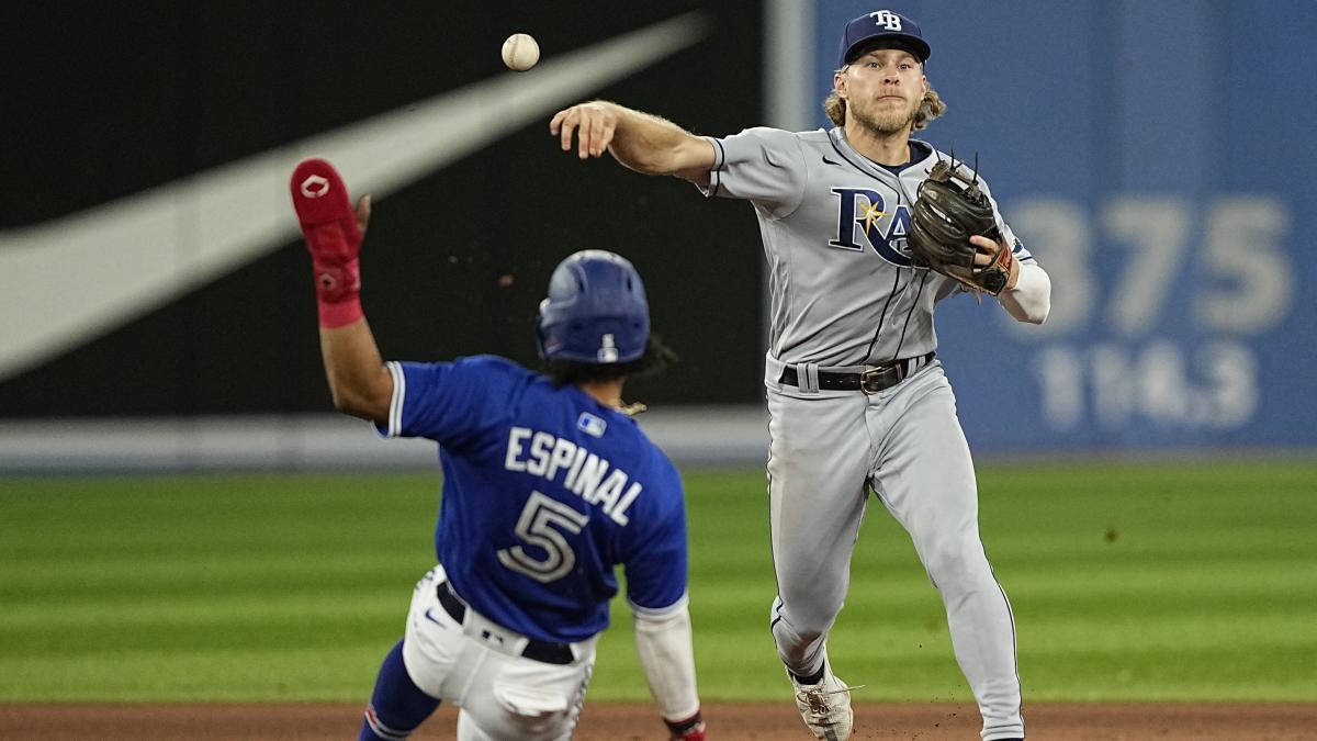 April 14, 2023, TORONTO, ON, CANADA: Tampa Bay Rays' Wander Franco (5)  walks off the field after flying out during eighth inning MLB baseball  action against the Toronto Blue Jays, in Toronto