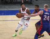 New York Knicks guard Elfrid Payton (6) drives to the basket during the third quarter against the Detroit Pistons in an NBA basketball game Thursday, March 4, 2021, in New York. (Wendell Cruz/Pool Photo via AP)