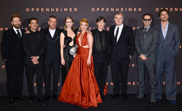 <p>Gareth Cattermole/Getty</p> From L: Kenneth Branagh, Rami Malek, Matt Damon, Emily Blunt, Florence Pugh, Cillian Murphy, Christopher Nolan, Robert Downey Jr. and Josh Hartnett at the U.K. premiere of <em>Oppenheimer</em> in London on July 13, 2023