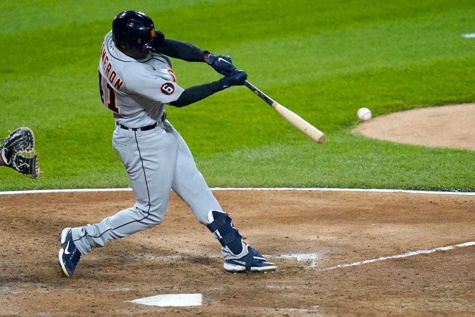 Detroit Tigers' Daz Cameron hits a two-run single off Chicago White Sox starting pitcher Lucas Giolito during the sixth inning of a baseball game Friday, Sept. 11, 2020, in Chicago