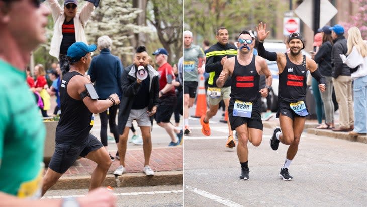 A two panel photo of men in black running on a street