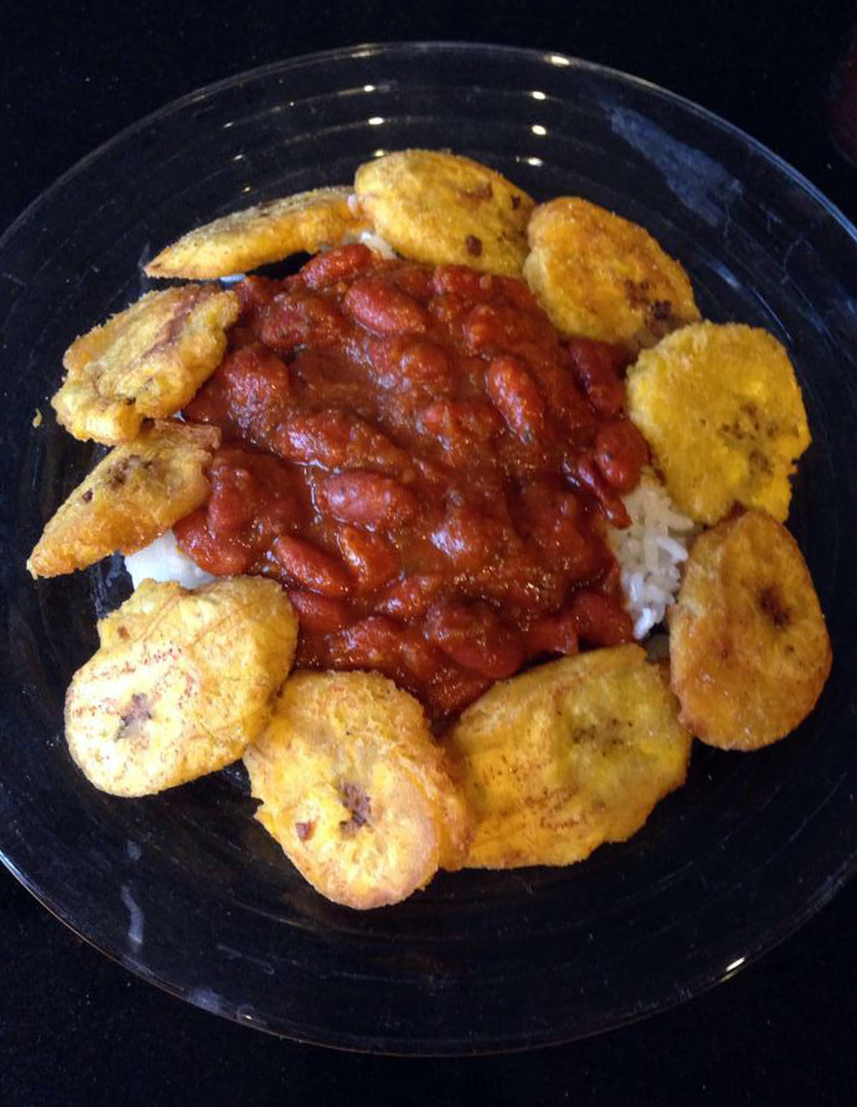 Another family favorite: red beans and rice with tostones.  (Courtesy Danielle Campoamor)