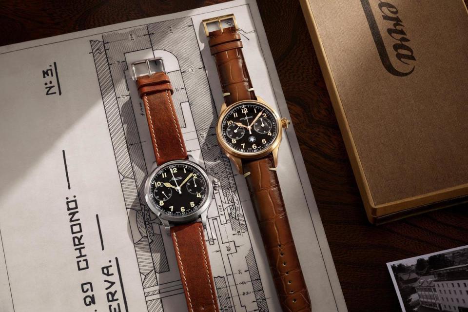 1858單按把計時碼錶「Origins」限量版，以1930年代一款Minerva軍用單按把計時腕錶為靈感忠實復刻，限量100只，建議售價約NT$895,000。