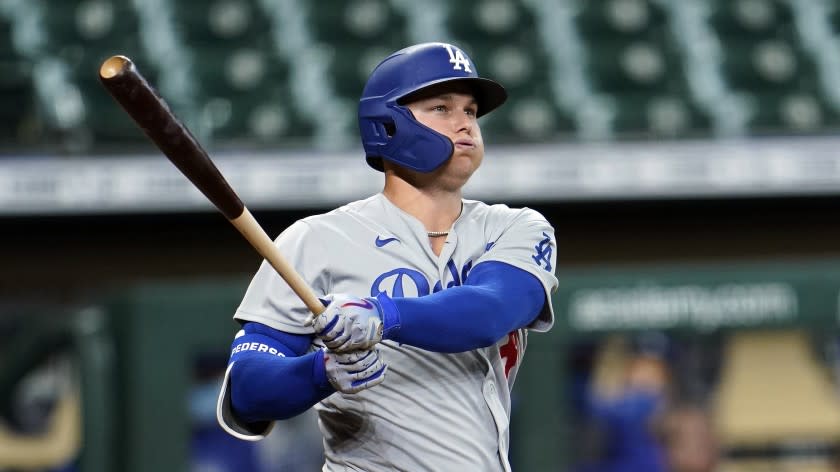 Los Angeles Dodgers' Joc Pederson bats against the Houston Astros during the second inning.