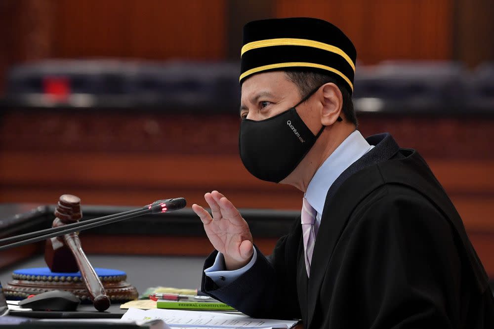 Dewan Rakyat Speaker Datuk Azhar Azizan Harun addresses members of Parliament during the Third Session of the 14th Term of Parliament at Parliament December 15, 2020. — Bernama pic