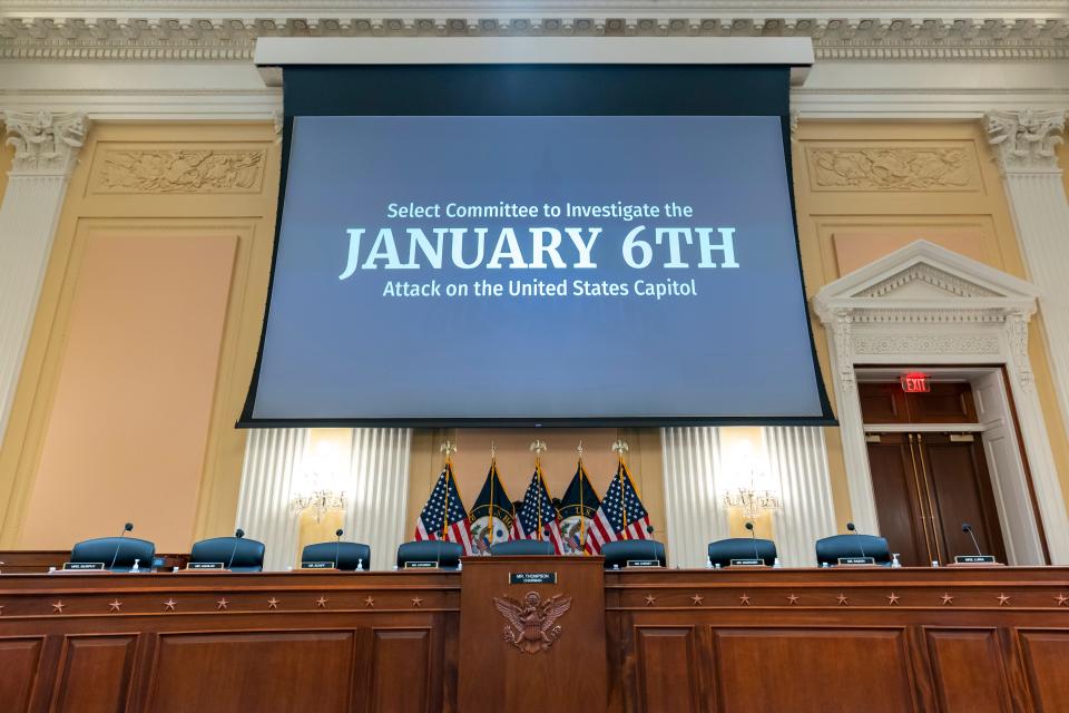 A large projection screen is seen at the Capitol in Washington Thursday before the Jan. 6 committee unveils new details of the Capitol attack.